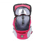Soft-sided dog carrier backpack with mesh panels, pink and gray, front zip opening