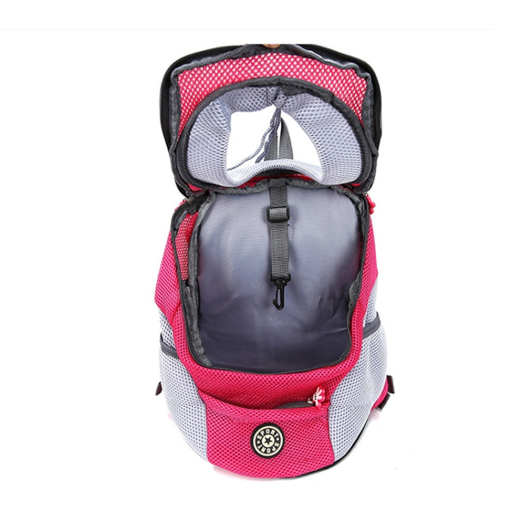 Soft-sided dog carrier backpack with mesh panels, pink and gray, front zip opening