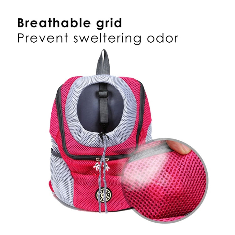 Breathable dog carrier backpack with mesh front panel, pink and gray, zip closure