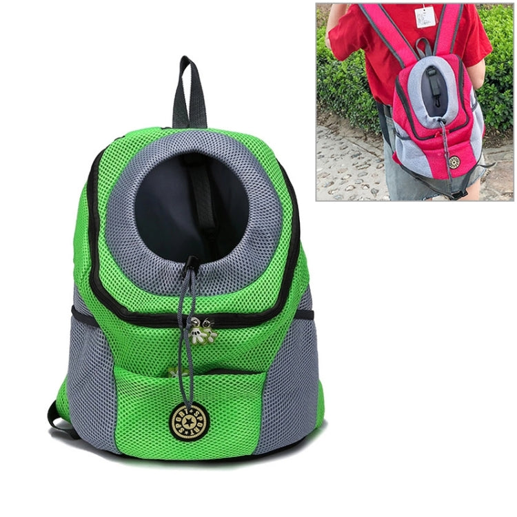 Soft-sided pet carrier backpack with mesh ventilation, green and gray front opening