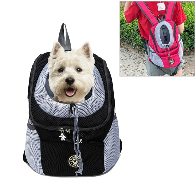 Outdoor pet dog carrier bag backpack with mesh panels, black and white, with dog portrait