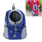 Outdoor pet dog carrier bag backpack with mesh panels, blue and white, front view with top handle