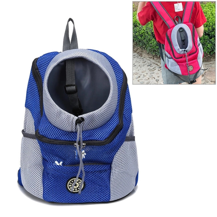 Outdoor pet dog carrier bag backpack with mesh panels, blue and white, front view with top handle