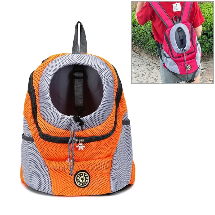Outdoor pet dog carrier bag backpack with mesh panels, orange and white, front view with zipper pocket