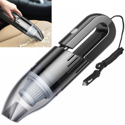 Handheld car vacuum cleaner with transparent dust chamber and black nozzle
