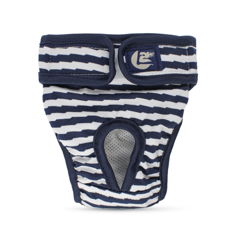 Striped dog physiological pants in navy and white, front view with mesh panel