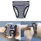 Striped dog physiological pants in navy and white, shown front and on a dog