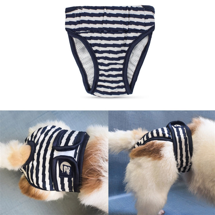 Striped dog physiological pants in navy and white, shown front and on a dog