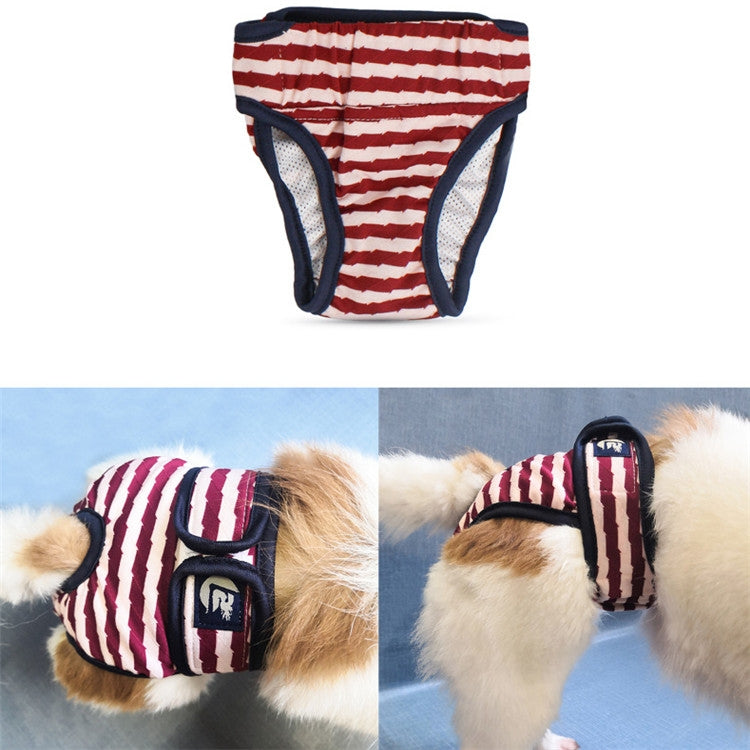 Red and white striped dog menstrual pants with dark trim, elastic legs, and mesh panel