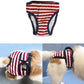 Red and white striped dog menstrual pants with elastic legs and a logo patch on dog