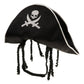 Pirate hat for pets, black with white trim, skull-and-swords emblem, dangling cord tassels