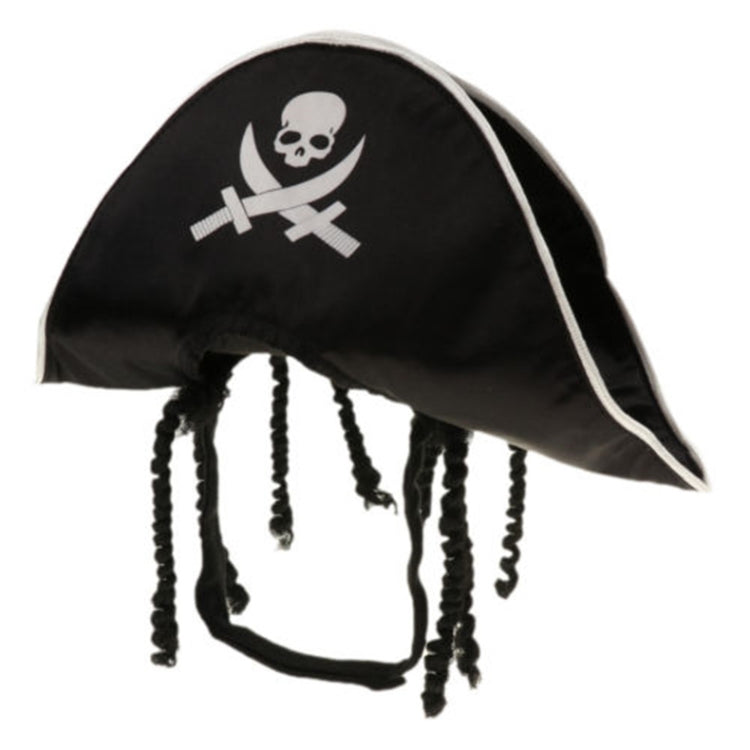 Pirate hat for pets, black with white trim, skull-and-swords emblem, dangling cord tassels