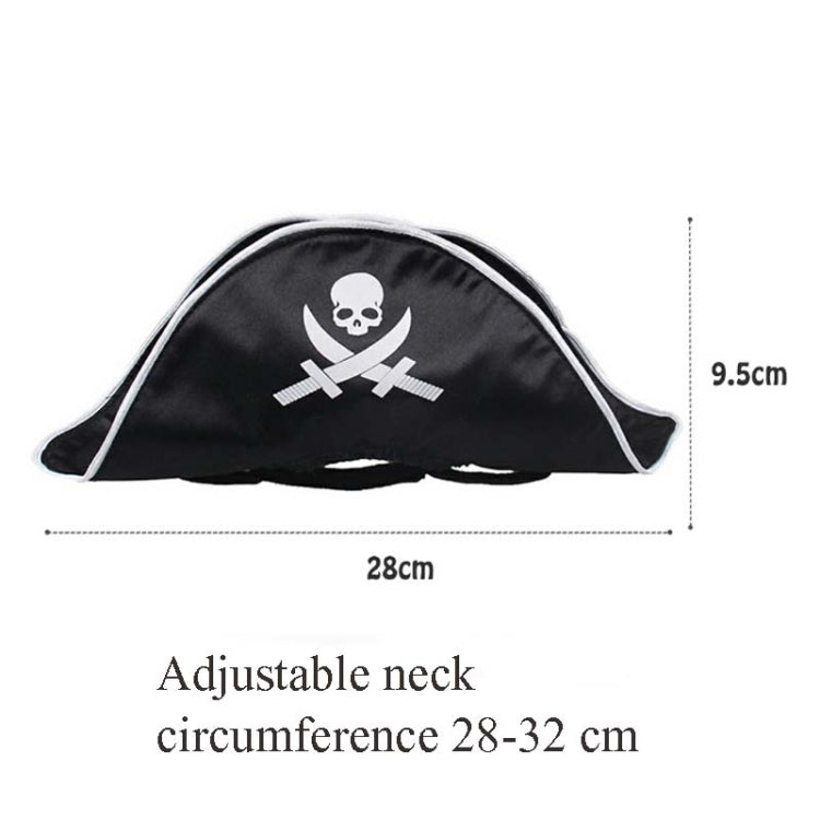 Black pirate hat for pets with white piping and adjustable neck strap