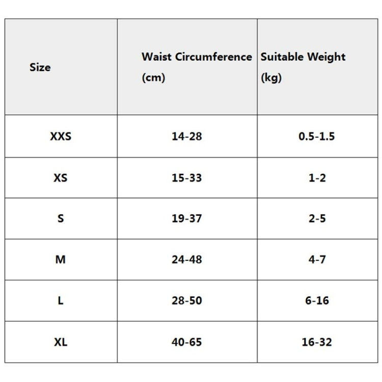 Dog diaper size chart with waist circumference and suitable weight ranges
