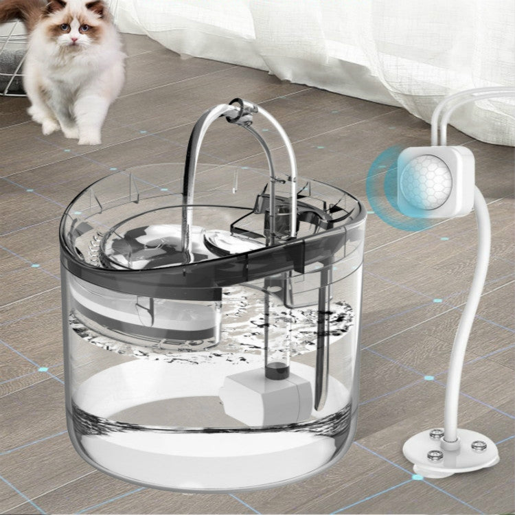 Transparent pet water dispenser fountain with power cable and pump, no cat visible