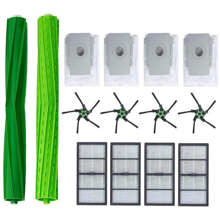Robot vacuum accessory set with green main brush rollers, side brushes, filters, dust bags