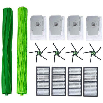 Robot vacuum accessory set with green main brush rollers, side brushes, filters, dust bags