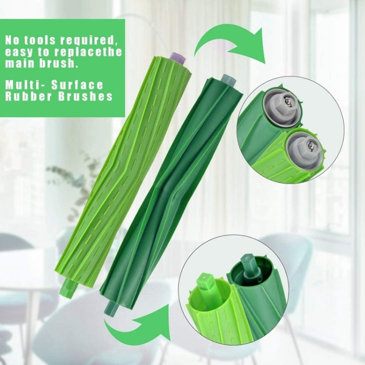 Pair of green rubber brush rollers with mounting caps for robot vacuum