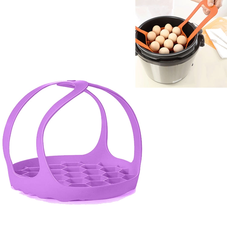 Purple silicone steamer egg cooker basket with cutout handle and segmented egg tray