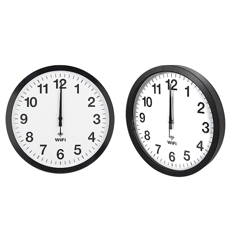 WiFi wall clocks with black frames and white faces, black hour and minute hands