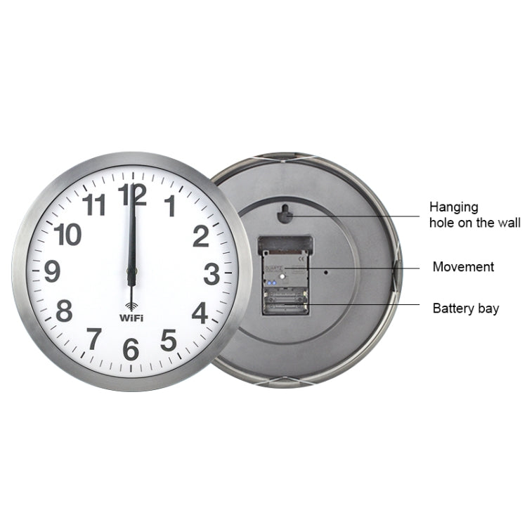 WiFi wall clock back view showing battery bay and internal movement mechanism