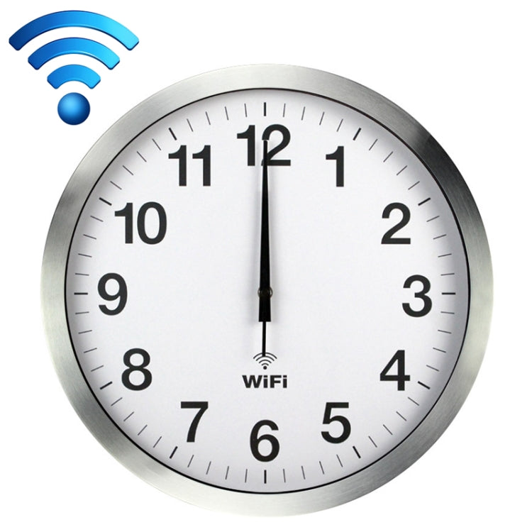Silver WiFi wall clock with white dial and silver frame, black hour and minute hands