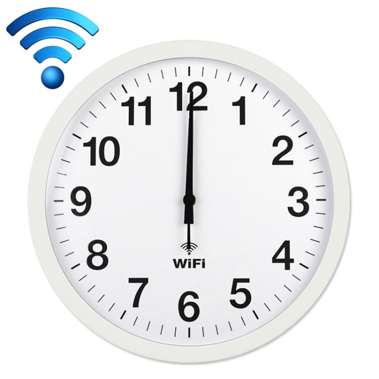 White WiFi wall clock with white dial and light frame, black numerals and hands