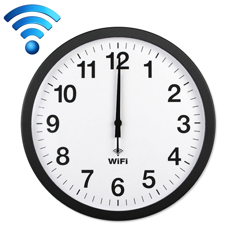 Black WiFi wall clock with white dial, black bezel, and centered WiFi marker