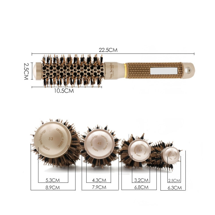 Round ceramic hair brush with nylon bristles; bristle sizes shown in diagram