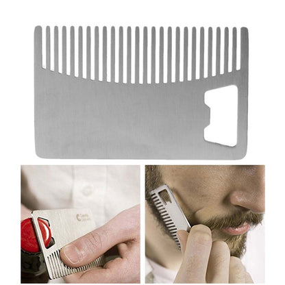 Metal beard comb card with bottle opener, credit-card size
