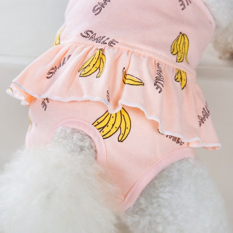 Pink banana-printed ruffled dog pants with round leg opening and belly panel