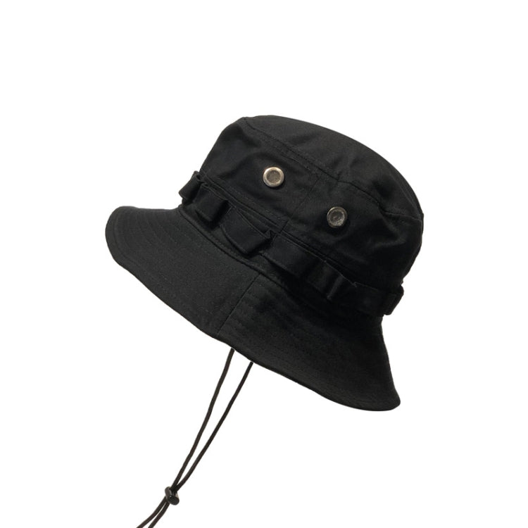 Black windproof bucket hat with front flap, snap buttons, and hanging cords
