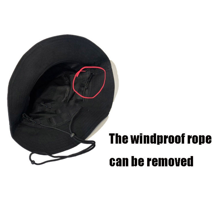 Black bucket hat interior with drawstring rope near the crown