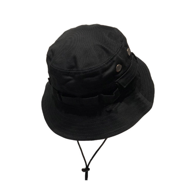 Black bucket hat with front pocket strap and chin drawstring