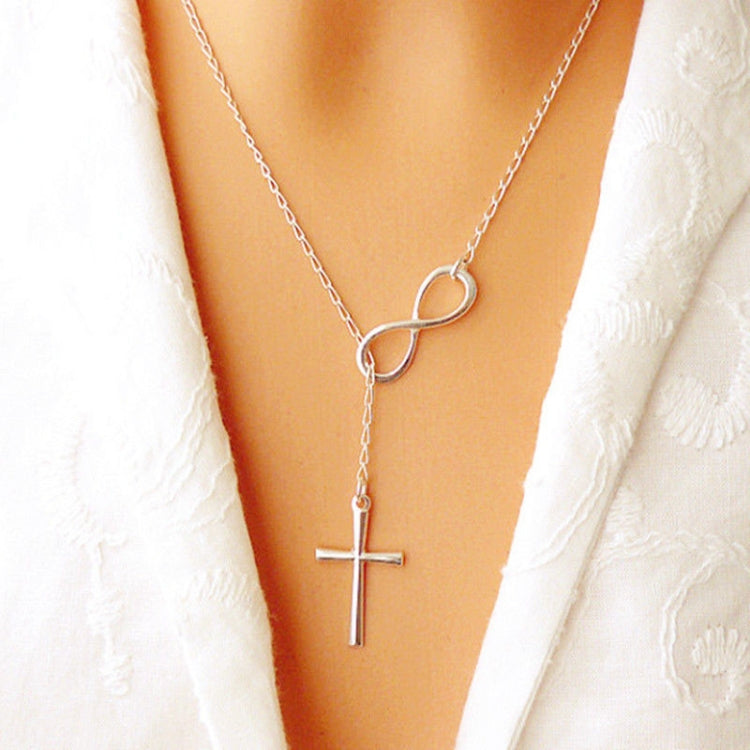 Silver leaf connector necklace with cross pendant and dangling chain
