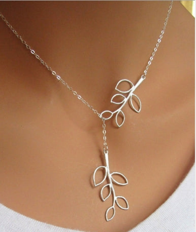 Silver leaf pendant necklace with layered leaf drop and long chain