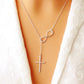 Silver leaf connector necklace with cross pendant and dangling chain