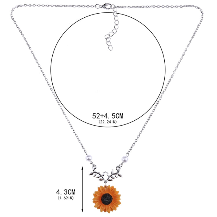 Silver sunflower pendant necklace with faux pearl beads and leaf branch charm, size shown