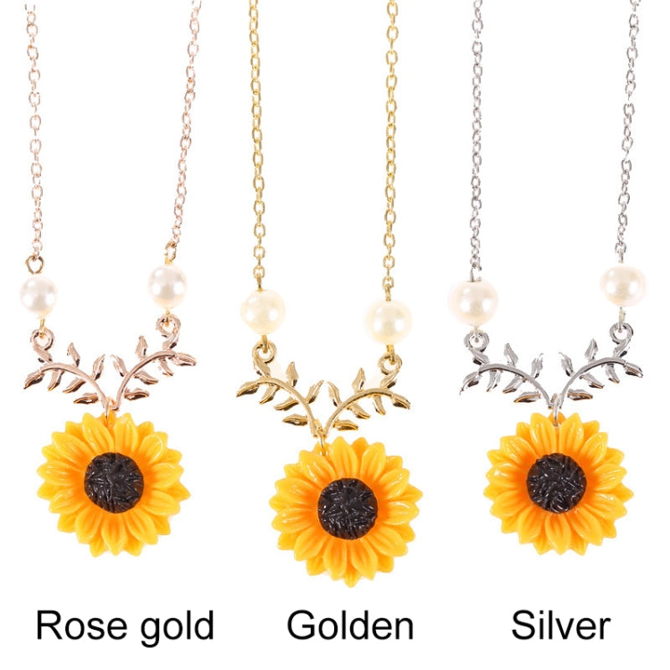 Sunflower pendant necklace set with faux pearl beads in rose gold, gold, and silver