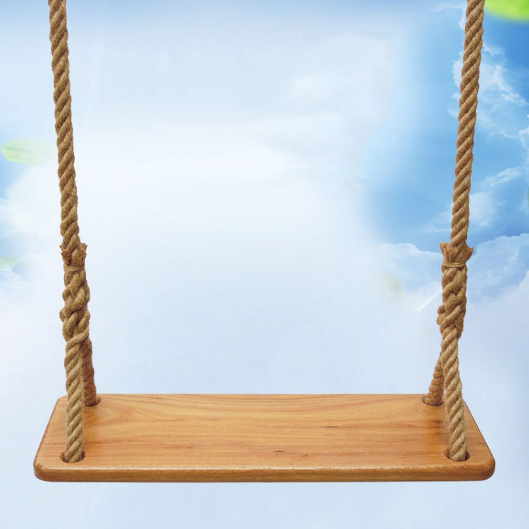 Rectangular wooden swing seat with two twisted rope posts