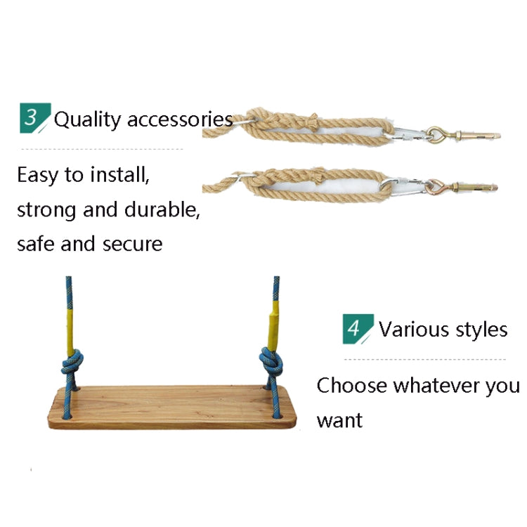 Wooden swing seat with hanging rope ends and metal hook connectors