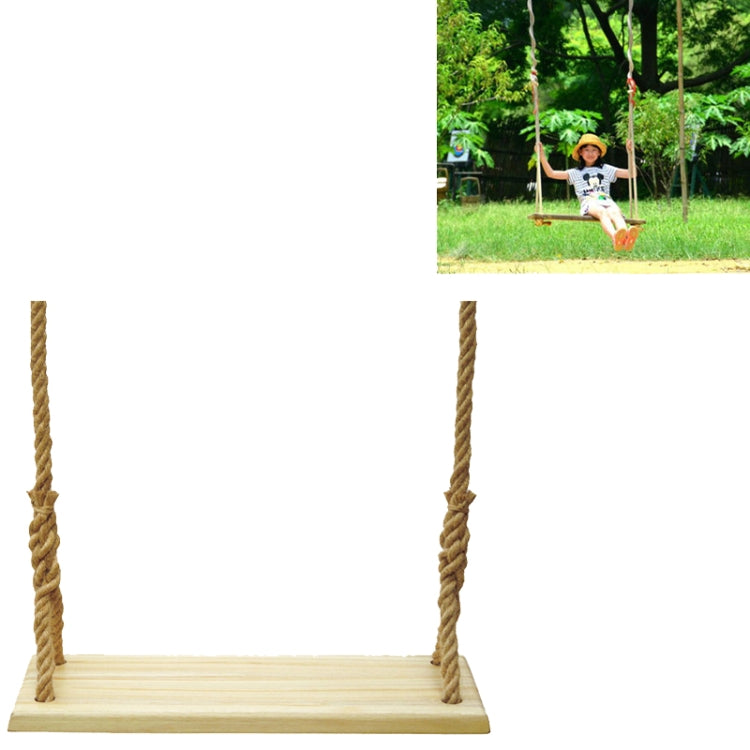 Light wood rope swing seat with two twisted tan ropes on corner mounts