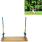 Wooden swing seat with two hanging blue ropes and yellow mid sections