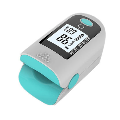 Finger pulse oximeter with bright blue accents and small LCD screen