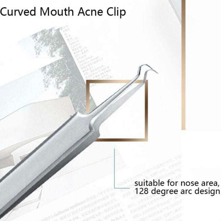 Stainless steel curved-mouth acne clip tool with curved forked prongs