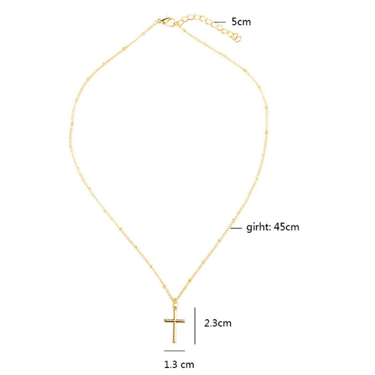 Gold cross pendant necklace with fine chain links and small cross charm; length labels shown.