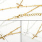 Cross pendant necklaces shown in gold and silver tones with fine chain links and charms.