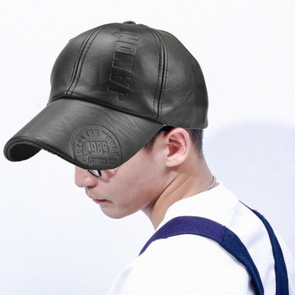 Black PU leather baseball cap with embossed front logo and curved brim.
