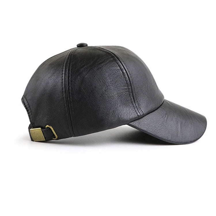 Black PU leather baseball cap with side buckle strap and curved brim.