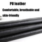 Close-up of black PU leather texture with fine grain finish.